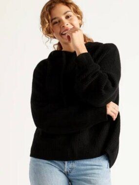 QUINCE Mongolian Cashmere Fisherman Pullover Hoodie Sweater Black Medium